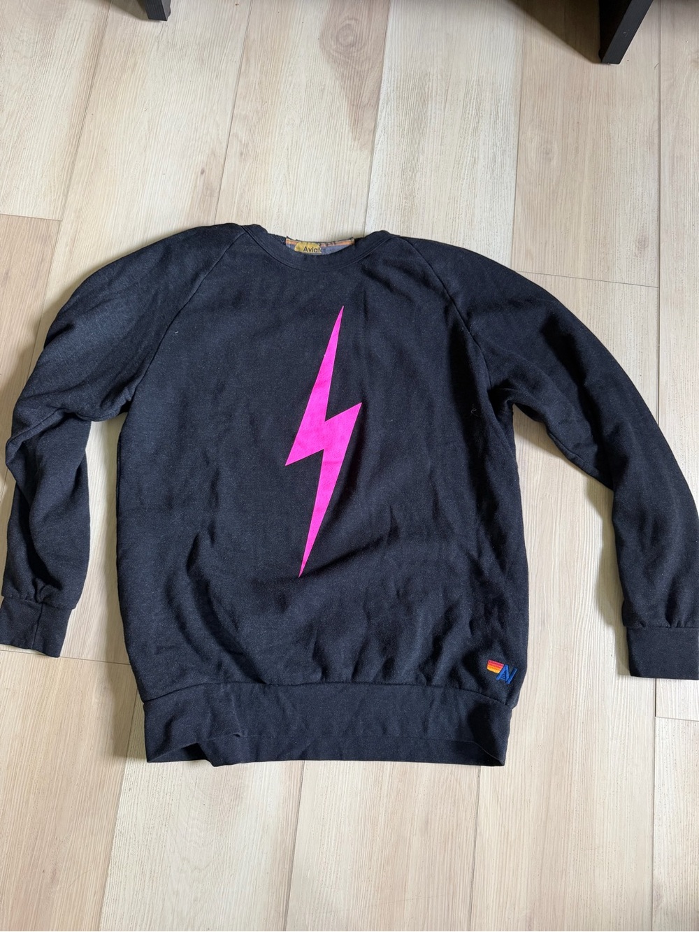 Aviator Nation Black Crewneck with Pink Lightning Bolt